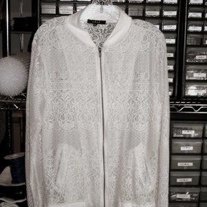 Zip Front Cream Lace Bomber Jacket with Pockets Size Large